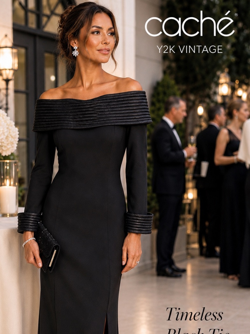 Vintage Y2K Caché Black Off Shoulder Portrait Collar Formal Gown Dress Size 10